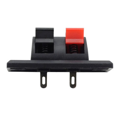 Front view of 10 Pack Two Pin Speaker Terminal Block Two Way Amplifier Clip Test Plate in red and black plastic with metal build.