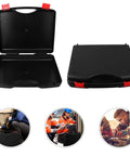 Badass Portable Plastic Tool Case With Slide Out Drawers And Heavy Duty Carry Handle, shown open and closed, black with red clips.