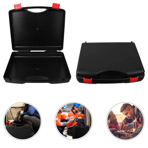 Top Heavy Duty Pp Plastic Tool Box With Secure Latching Lid And Comfort Grip Handle open and closed, showcasing black polypropylene material.