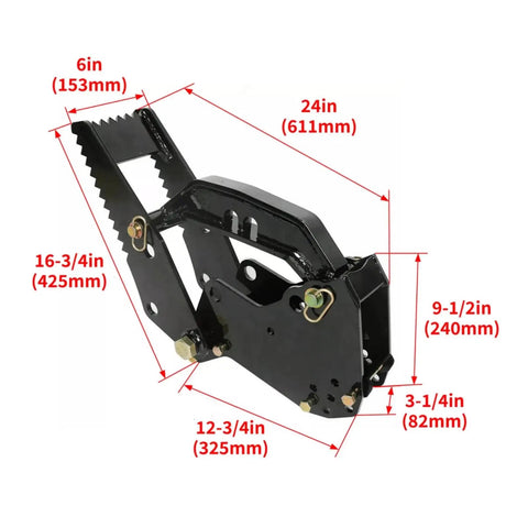 Universal Fit Backhoe Thumb Claw for Kubota BX Series and Mahindra 1626 showing dimensions and steel construction
