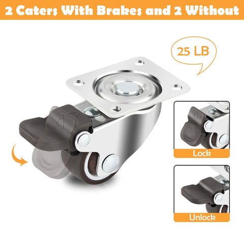 Low Profile Caster Wheels Set Of Four Heavy Duty Swivel Casters With Two Locking Brakes And Quiet Rubber Treads. Close-up of a caster with lock.