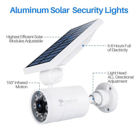 Diagram of No Fuss Solar Motion Lights Waterproof Metal Body Outdoor Security Flood Lights With PIR Motion Sensor showing features.