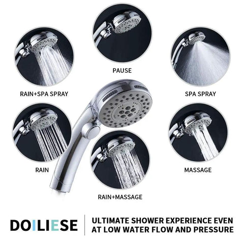 High Pressure Handheld Shower Head With 6 Settings Including Rain Massage Spa Spray Mode And Pause Mode On Off Switch 60 Inch Hose