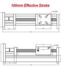 SFU12/16 Linear Motion Slide Table With Three Pitch Screw Options For Custom Single Or Multi Axis Platforms, Quick Nema 17 Or Nema 23 Motor Mounts, Integrated Ballscrew And Rail System For Smooth Precise Motion. technical dimension drawing, 100mm stroke