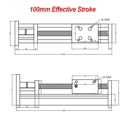 SFU12/16 Linear Motion Slide Table With Three Pitch Screw Options For Custom Single Or Multi Axis Platforms, Quick Nema 17 Or Nema 23 Motor Mounts, Integrated Ballscrew And Rail System For Smooth Precise Motion. technical dimension drawing, 100mm stroke