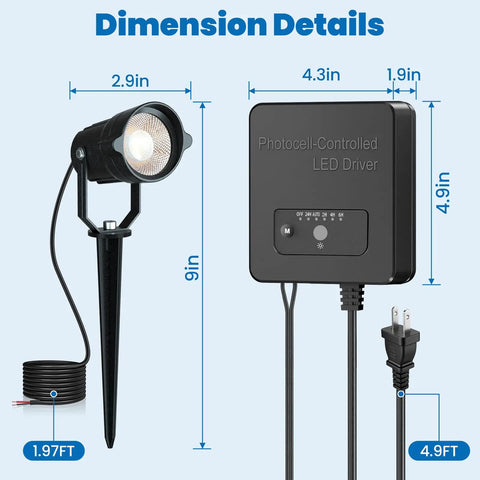Dimensions of All In One Low Voltage Landscape Lighting Kit With Six 6W LED Spot Lights 100W Transformer
