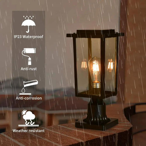 Outdoor Post Light 2 Pack Exterior Pole Lanterns With E26 Base Waterproof Matte Black Finish for Patio and Garden shown in rain