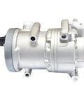 Heavy Duty Electric Air Compressor Replacement For Toyota Bz4x And Bz3 Sw0424001900 viewed from the side with silver finish and multiple fittings.