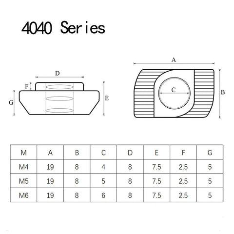 Technical diagram for Reliable M4 T Slot Nuts Hammer Head Fastener Nuts For Aluminum 40x40 Profiles Nickel Plated Carbon Steel