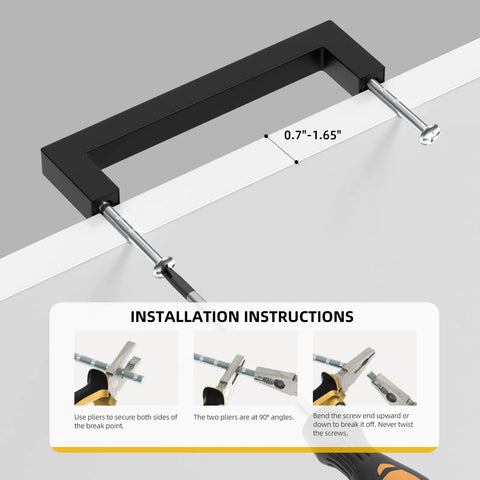Black Square Bar Cabinet Pulls Set of 15, Stainless Steel Modern Hardware with installation instructions displayed.