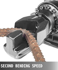 Close-up of Portable Handheld Electric Rebar Bender With Pure Copper Motor For Builders And Contractors bending a steel rod.