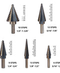 5 Piece HSS Titanium Coated Step Drill Bit Set With Aluminum Case displaying five drill bits of various step sizes.