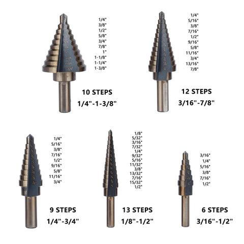 5 Piece HSS Titanium Coated Step Drill Bit Set With Aluminum Case displaying five drill bits of various step sizes.