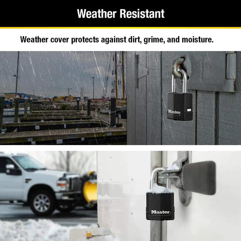 Weather-resistant Beefy Heavy Duty Outdoor Padlock With Key 2 Pack Weather Resistant Body And Cut Safe Shackle Ideal For Fences Gates Sheds Storage Units And Tool Boxes Durable Lock For Outdoor Use Black M115XTLF securing gate and trailer in rain and snow.