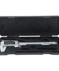 Digital Vernier Caliper with Large LCD Display inside protective case, featuring stainless steel design and clear measurement scale.