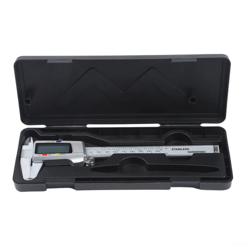Digital Vernier Caliper with Large LCD Display inside protective case, featuring stainless steel design and clear measurement scale.