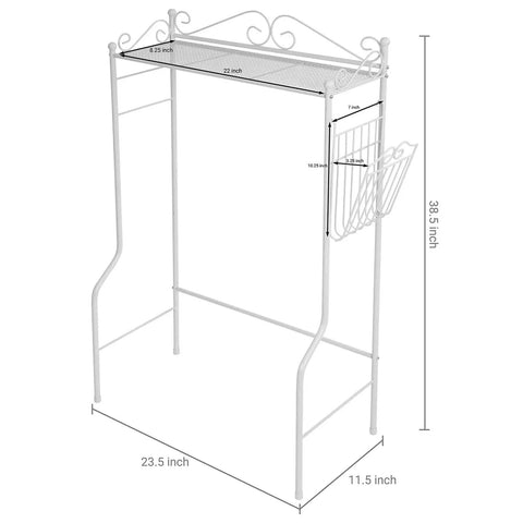 Over The Toilet Storage Shelf With Magazine Basket Freestanding Bathroom Organizer Rack Black Metal Space Saving Shelf For Small Bathrooms With Vintage Scrollwork And No Fuss Assembly, dimensions shown