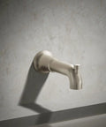Tone Wall-Mount Bath Spout With Diverter In Vibrant Brushed Nickel Finish, 6-9/16 Inch Reach, Slip-Fit Connection on bathroom wall
