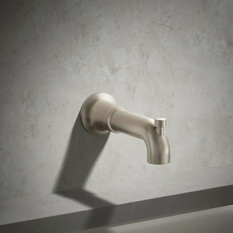 Tone Wall-Mount Bath Spout With Diverter In Vibrant Brushed Nickel Finish, 6-9/16 Inch Reach, Slip-Fit Connection on bathroom wall