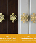 Chinese Knot Cabinet Pull Handle With Single Hole Design for wardrobes, cabinets, and dressers on dark and light wood surfaces.