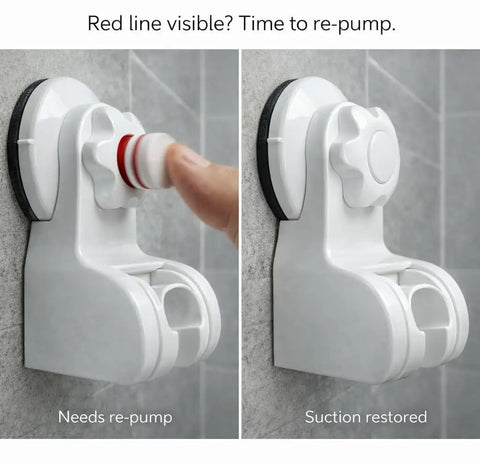 45 Degree Adjustable Handheld Shower Head Holder With Strong Suction Cup Wall Mount Bracket showing suction status with red line