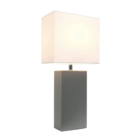 Leather Wrapped Modern Table Lamp With White Fabric Shade In Gray, sleek rectangular base crafted from leather, MDF, and metal.