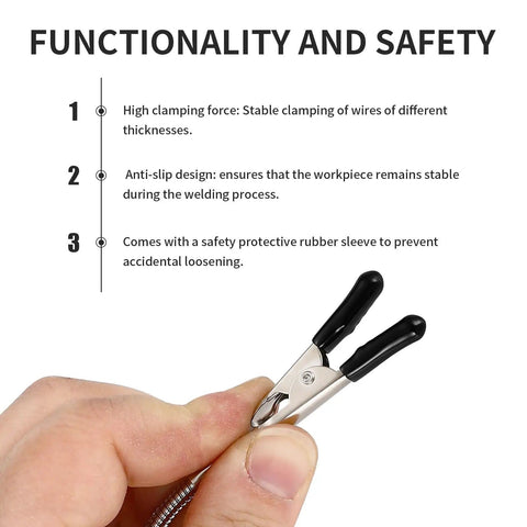 Two Pack Soldering Helping Hands Clamps Wire Holder For Soldering In The Field showing hand holding lightweight clamp with rubber sleeve.