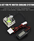 PC 3 Way Flow Meter And Digital Thermometer Water Cooling System Kit with connectors and clamps for computers.