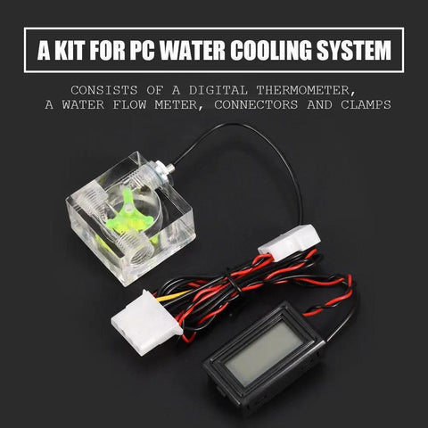 PC 3 Way Flow Meter And Digital Thermometer Water Cooling System Kit with connectors and clamps for computers.