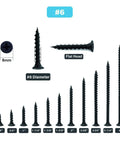 #6 x 3-1/4 Inch Stainless Steel Wood Screws 100 Pack Black Phosphate Coated Truss Head Self Tapping Drywall Fasteners in various sizes.