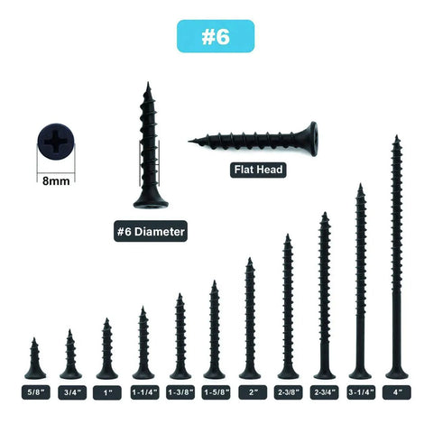 #6 x 3-1/4 Inch Stainless Steel Wood Screws 100 Pack Black Phosphate Coated Truss Head Self Tapping Drywall Fasteners in various sizes.