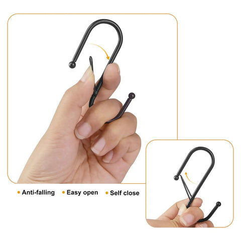 Hand holding black S Hook from Four Pack Large Grid Wall Baskets With S Hooks For Garage Or Display Shelves Heavy Duty Black Metal Gridwall Organizer Bins Set Modular Storage Caddies For Photo Displays And Panel Shelving