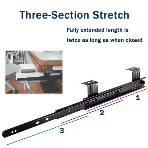 Heavy Duty Drawer Slides With Full Extension And Ball Bearings Three Fold Design Adjustable 24 To 29 Cm Ideal For Home And Office Rust Proof Coating Thick Metal Construction Smooth Sliding Space Saving And Long Lasting. black three-section drawer slide extended