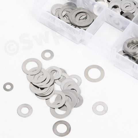 304 Stainless Steel Flat Washer Set, 175 Piece Assortment in 6 Sizes M4 M5 M6 M8 M10 M12, Ultra Thin Shim Spacers, Plain Gaskets, Metal Washers For Screws And Bolts, Handy Storage Box, Durable Everyday Hardware, assorted washers in box
