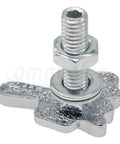 Close-up of Finger Style Stainless Steel License Plate Bolt with nut and washer showing textured design for motorcycle chopper.