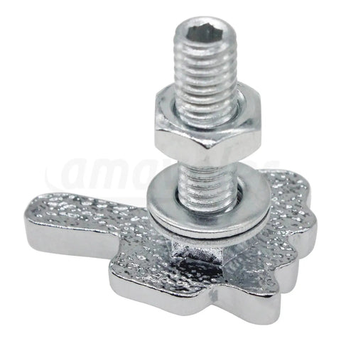 Close-up of Finger Style Stainless Steel License Plate Bolt with nut and washer showing textured design for motorcycle chopper.