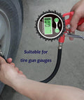 Close-up of Uharbour digital tire pressure gauge with 1/4'' NPT bottom connector and rubber protector, 5-200 psi, 1% FS.
