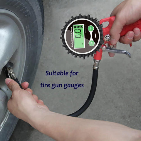 Close-up of Uharbour digital tire pressure gauge with 1/4'' NPT bottom connector and rubber protector, 5-200 psi, 1% FS.
