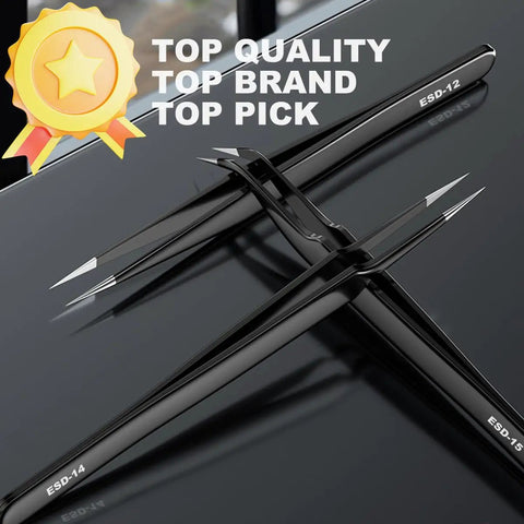 Grab And Go All In One 12 Pack Precision Tweezers Set With Case showcasing ESD tweezers on reflective surface.