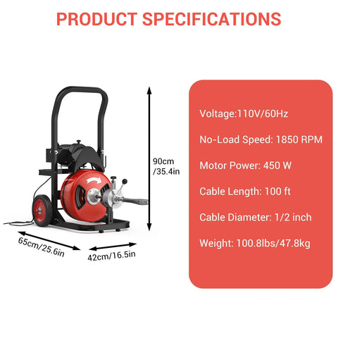 Heavy Duty Electric Drain Snake With 75 Foot Solid Steel Cable And 450 Watt Motor, showing product specifications and dimensions.
