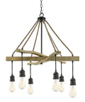 Farmhouse Style 6 Light Rope Pendant Chandelier in Smoked Birch and Textured Black Finish with hanging sockets