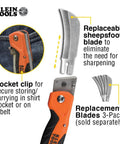 Electricians Utility Knife With Hawkbill Blade For Cable Skinning shown with pocket clip and replaceable blades detail.