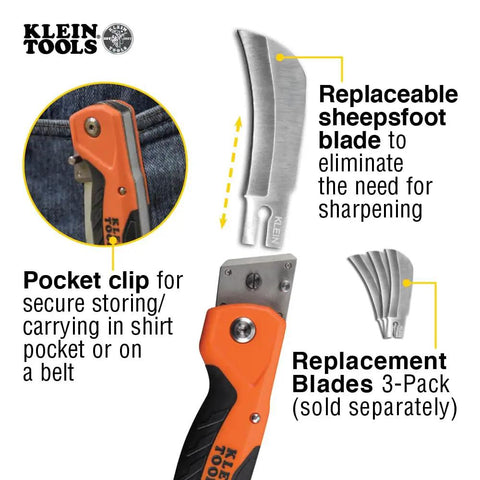 Electricians Utility Knife With Hawkbill Blade For Cable Skinning shown with pocket clip and replaceable blades detail.