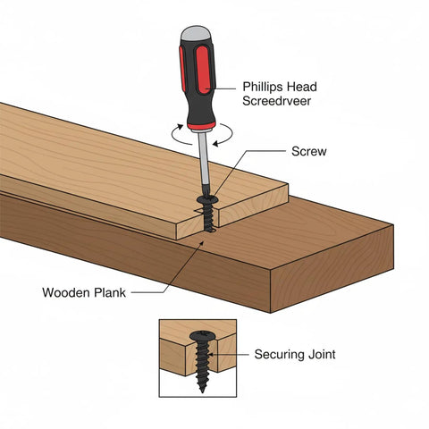 Diagram showing Phillips screwdriver inserting screw into wood, demonstrating use of Must-Have All-In-One 1300 Pcs Wood Screws Kit.