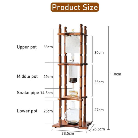 Top Shelf Wood And Glass Ice Drip Cold Brew Coffee Maker Boasting 3000 Ml Capacity dimensions showing height and pot sizes.