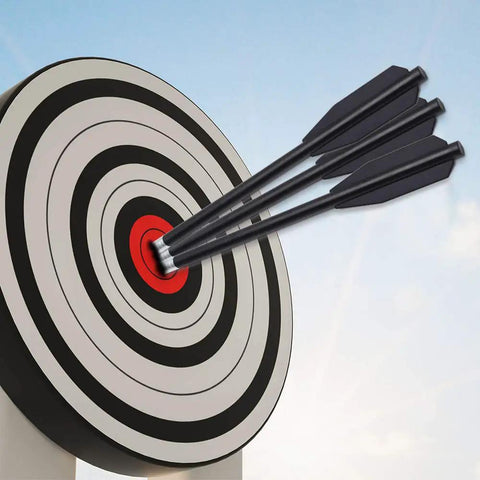 Crossbow Bolts Six Point Three Inch 36 Pack Black Plastic Shaft Arrows With Aluminum Point Tip hitting bullseye on target