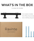 30 Pack 5 Inch Matte Black Cabinet Pulls With Round Base For Kitchen Cabinets And Drawer Fronts, shown with screws and box