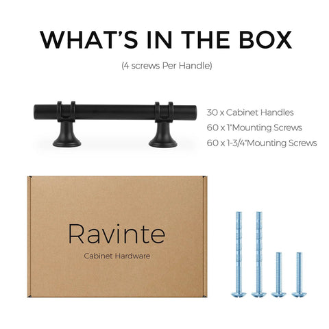 30 Pack 5 Inch Matte Black Cabinet Pulls With Round Base For Kitchen Cabinets And Drawer Fronts, shown with screws and box