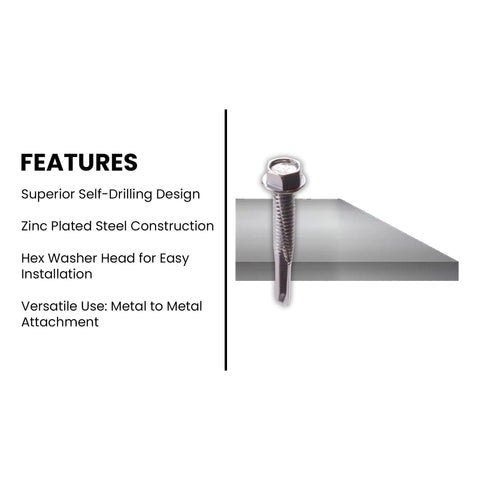 Self Drilling Tek Screws With Hex Washer Head For Attaching Sheet Metal To Steel Zinc Plated Steel Size 12 24 By 1.5 Inch