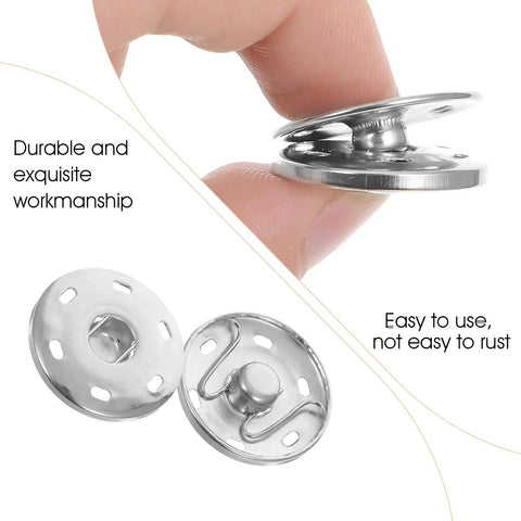Close-up of silver snap buttons from 20 Sets Of 21mm Snap Buttons For Fabric And Clothes Metal Sew On Snaps Heavy Duty Snap Fasteners.